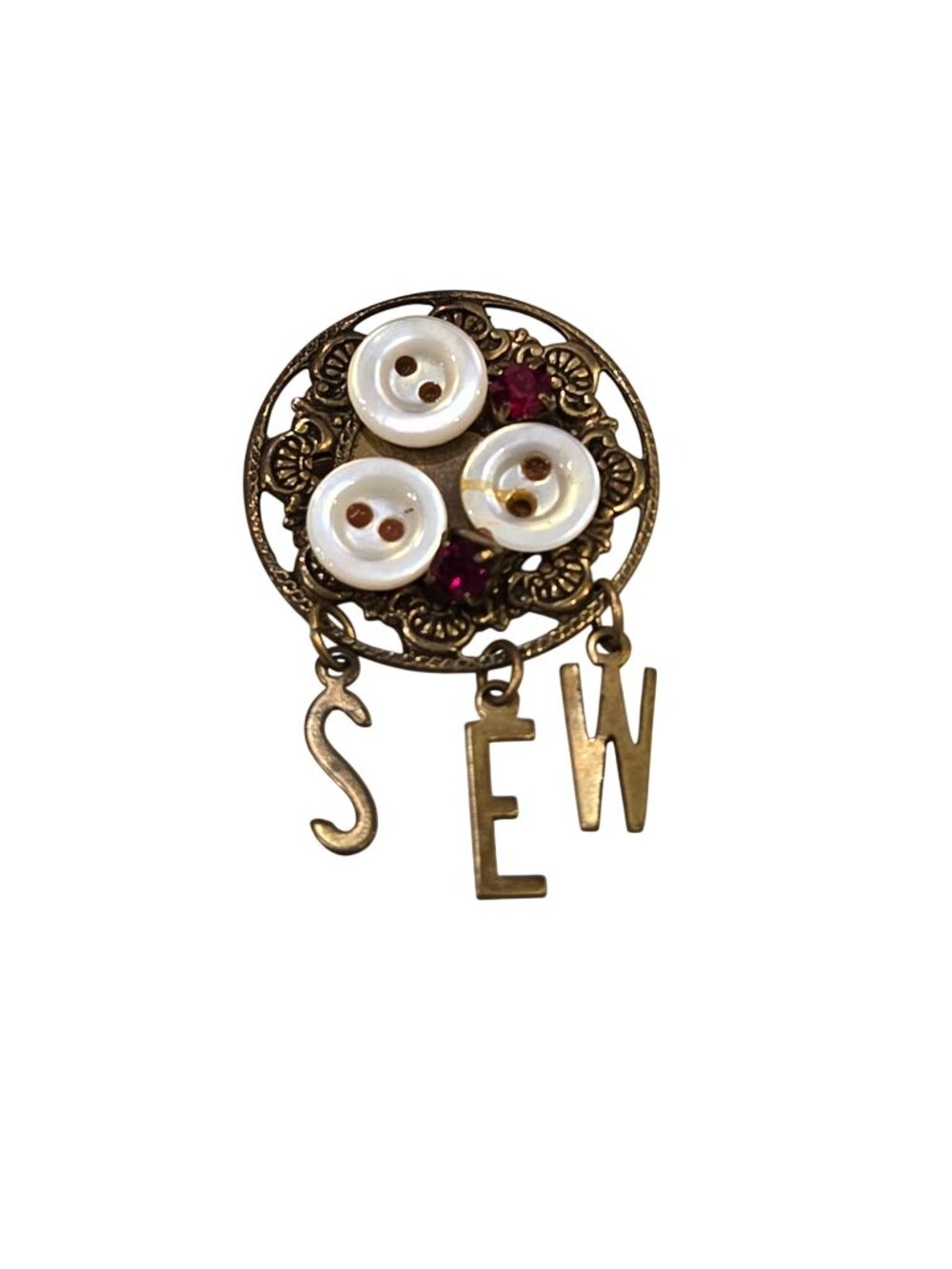 Sew Seamstress Sewing Button Gold Tone Red Rhinestone Jeweled Costume Brooch